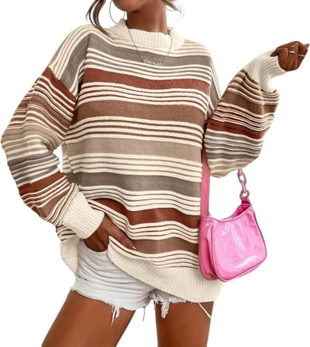 Womens Contrast Striped Pullover Sweaters Crewneck Long Sleeve Loose Colorblock Knit Jumper Oversized Sweater Tops Brown | Amazon (US)