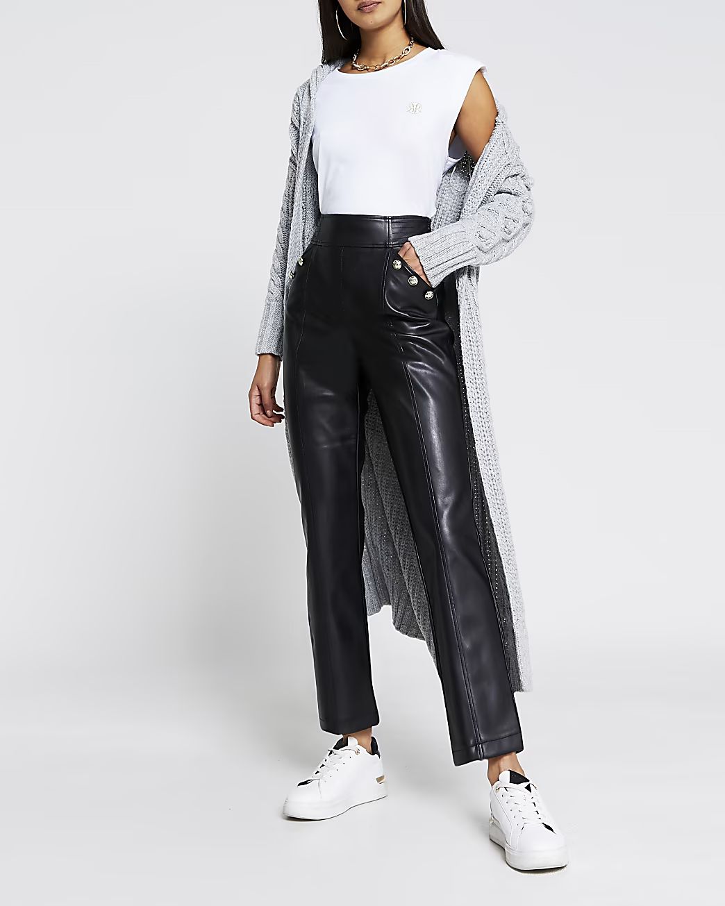 River Island Womens Black faux leather flared pants | River Island (US)