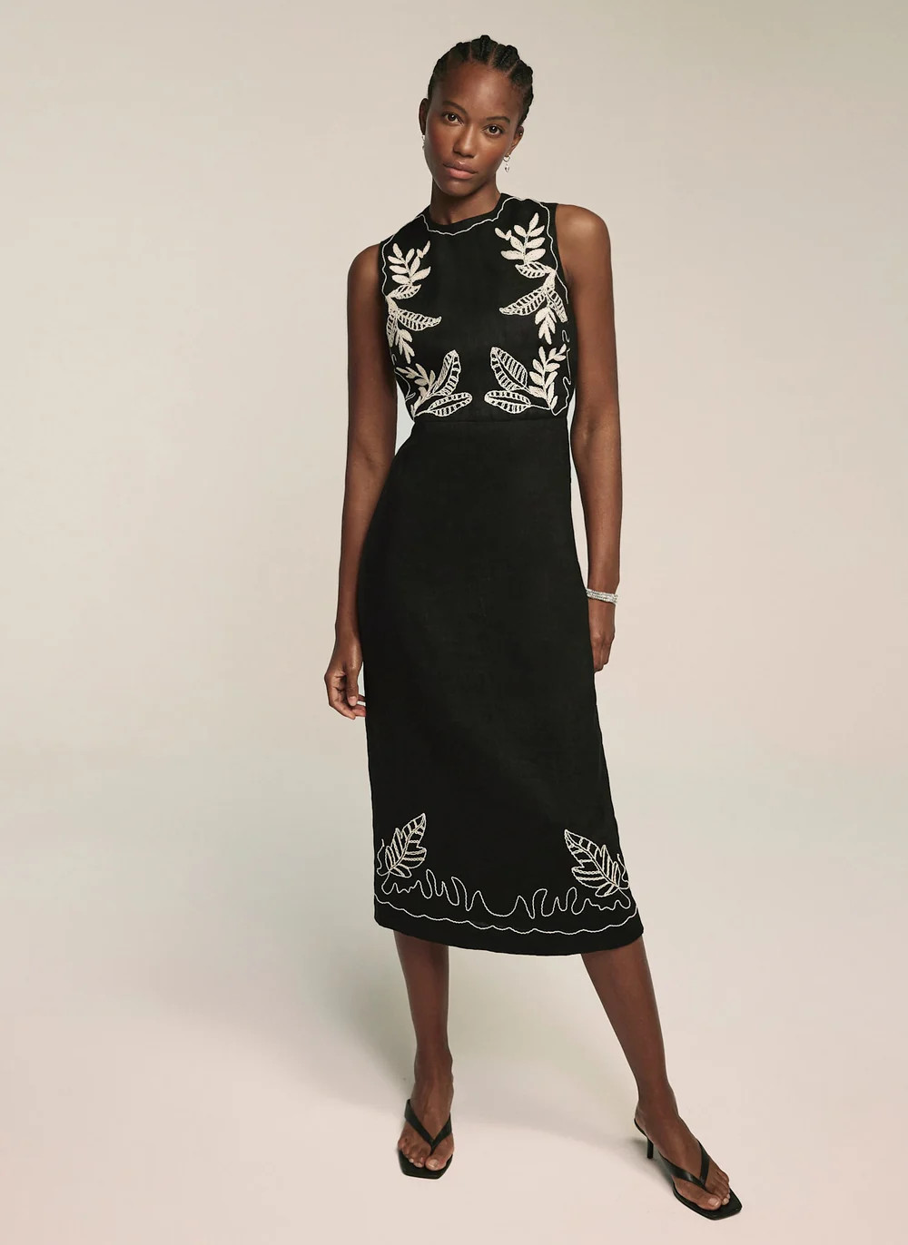 Black Embroidered Linen Midi Dress | Mint Velvet