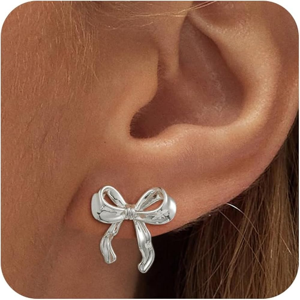 ASCOMY Gold Stud Earrings for Women - Dainty Bow 14K Gold/Silver Plated Pearl Earrings - Trendy C... | Amazon (US)
