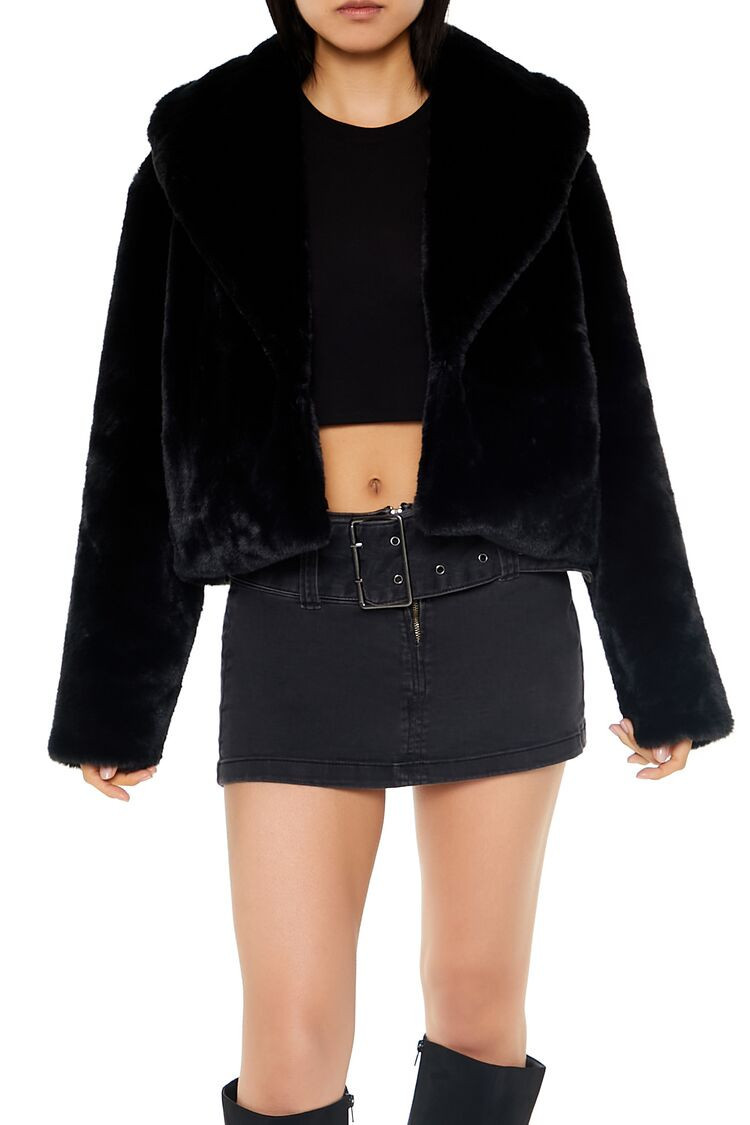 Women's Faux Fur Cropped Coat in Black Medium | Forever 21
