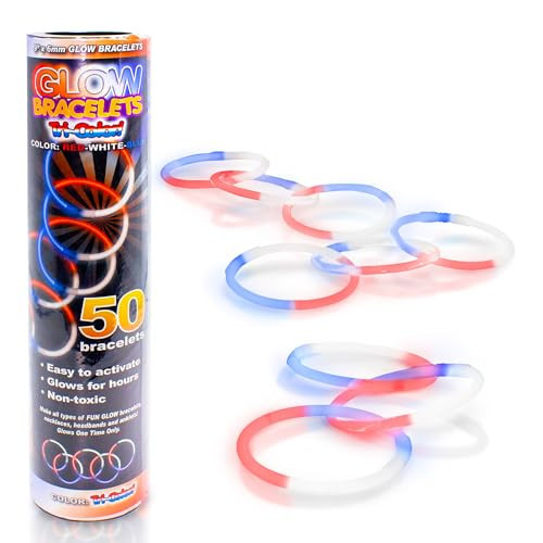 Fun Central 8" Glow Stick Bracelets - Bulk 50 Pack for July 4th Independence Day, Camping, Parades, Bonfires and Nighttime Celebrations - Blue/White/Red | Amazon (US)