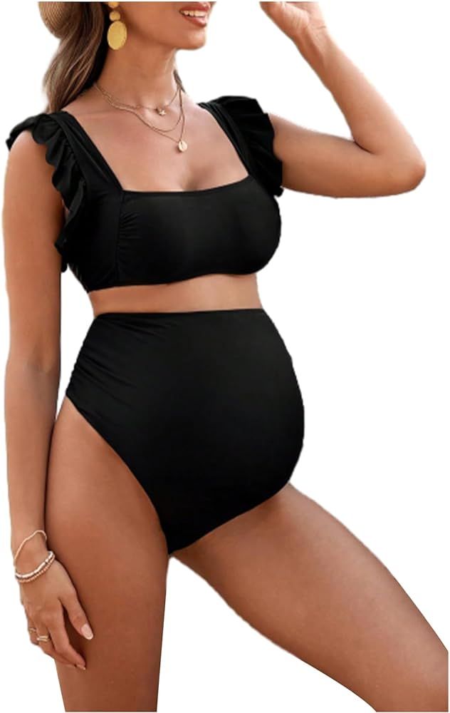 MakeMeChic Women's Maternity Swimsuit Two Piece Bikini Sets Ruffle Sleeve High Waisted Pregnancy ... | Amazon (US)