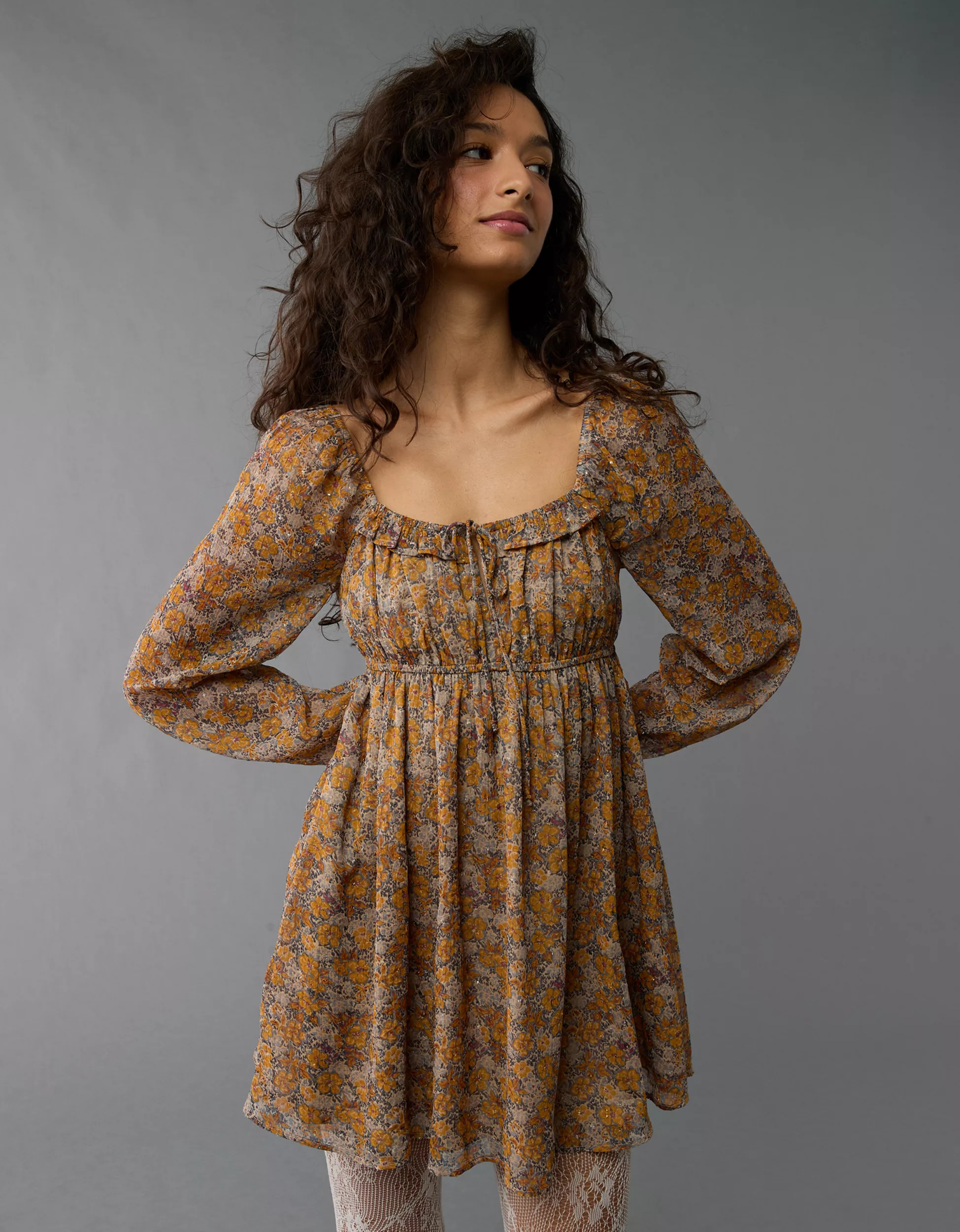 AE Long-Sleeve Chiffon Babydoll Mini Dress | American Eagle Outfitters (US & CA)