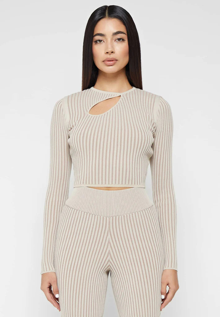 Keyhole Knitted Two Tone Top - Beige | Maniere De Voir
