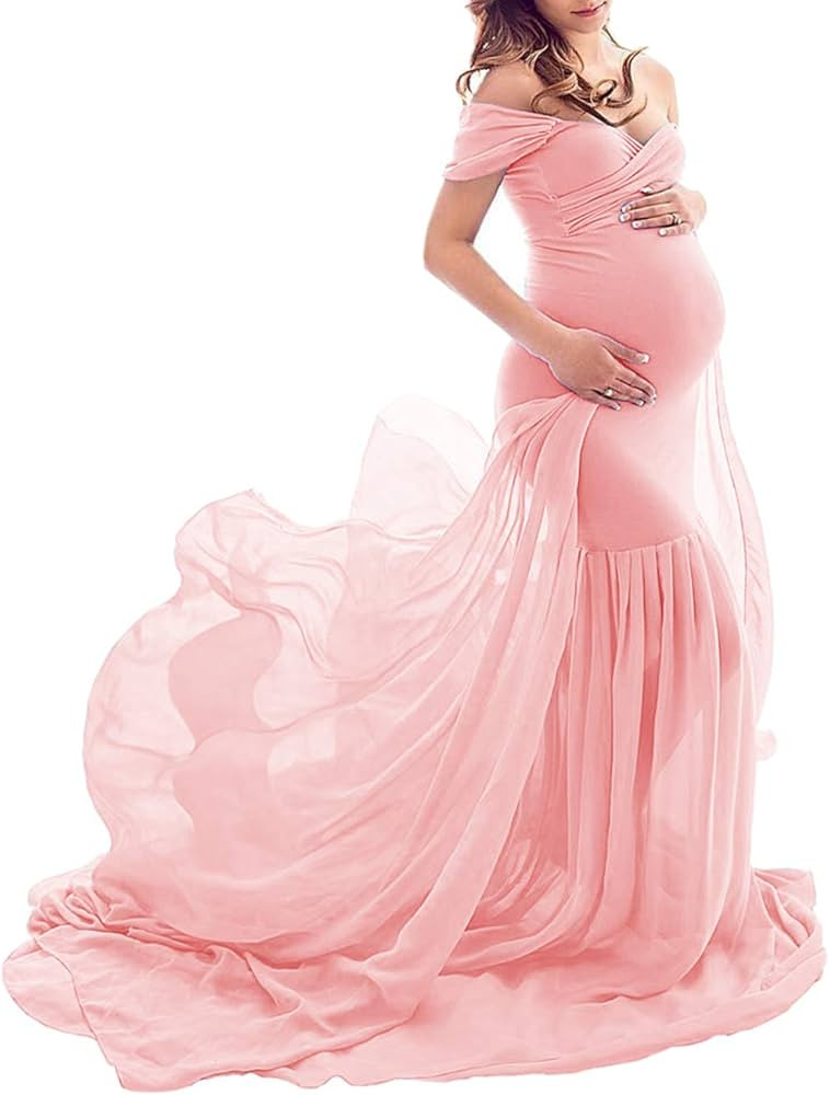 ZIUMUDY Maternity Chiffon Mermaid Gown Off Shoulder Dropped Sleeve Fitted Photo Shoot Photography... | Amazon (US)