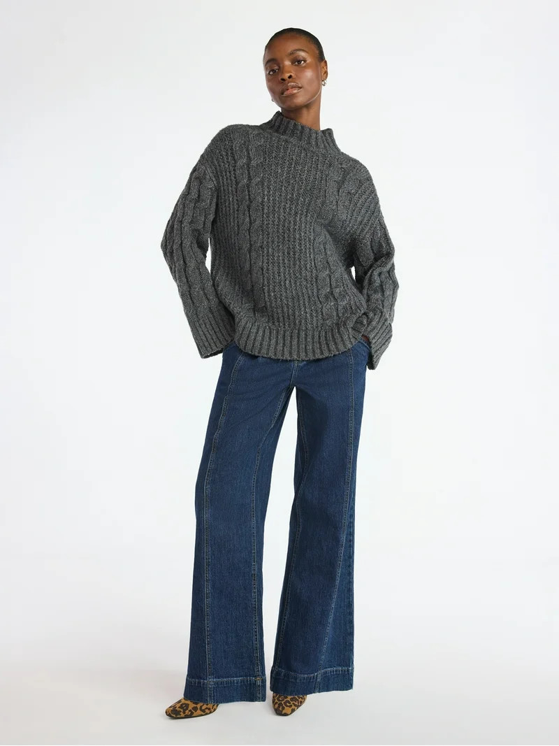 Scoop Women’s Pleated Wide Leg Jeans, Sizes 0-18 | Walmart (US)