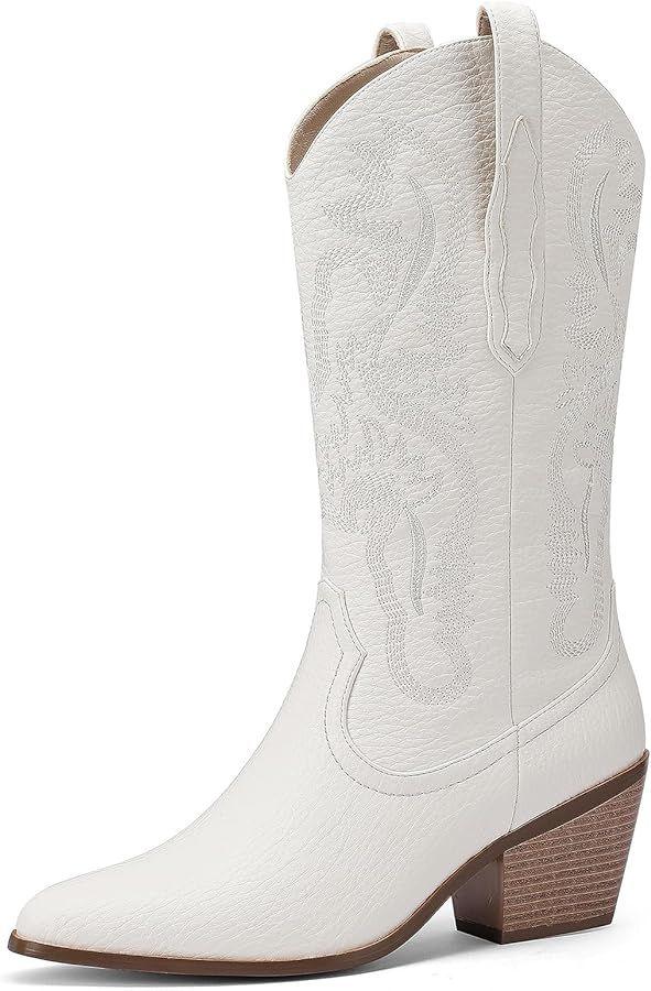 Embroidered Mid-Calf Metallic Cowgirl Boots,Western Country Style Cowboy Boots Almond Toe Pull on... | Amazon (US)