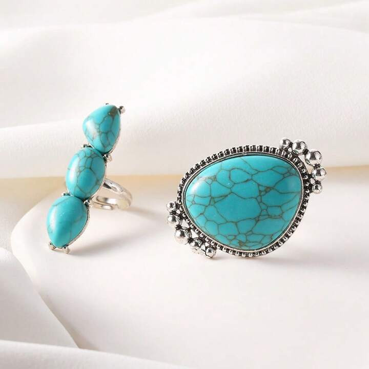 2pcs Set Vintage Bohemian Turquoise Open Rings, Adjustable Size Suitable For Daily Wear | SHEIN