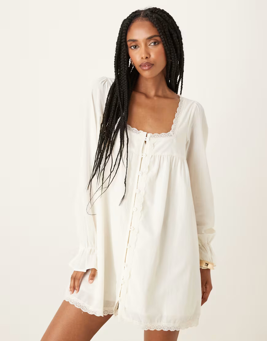 ASOS DESIGN cotton lace trim long sleeve babydoll mini dress in ecru-White | ASOS (Global)