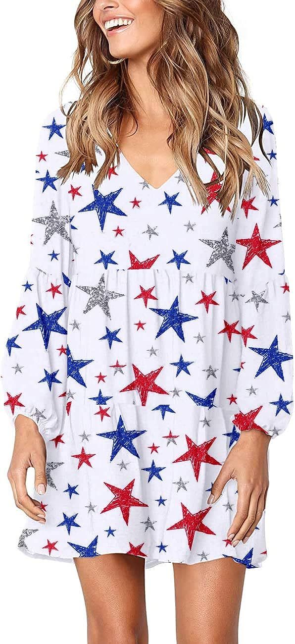 Women's Memorial Day Bell Sleeve American Flag Stars Stripes Printed Midi Patriotic Summer Babydo... | Amazon (US)