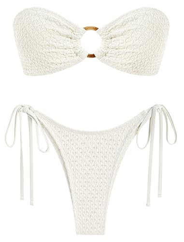 ZAFUL Women's Bandeau Bikini Strapless O Ring Lace Tie Back High Cut Two Piece Swimsuit Bathing Suits (2-Beige, S) | Amazon (US)