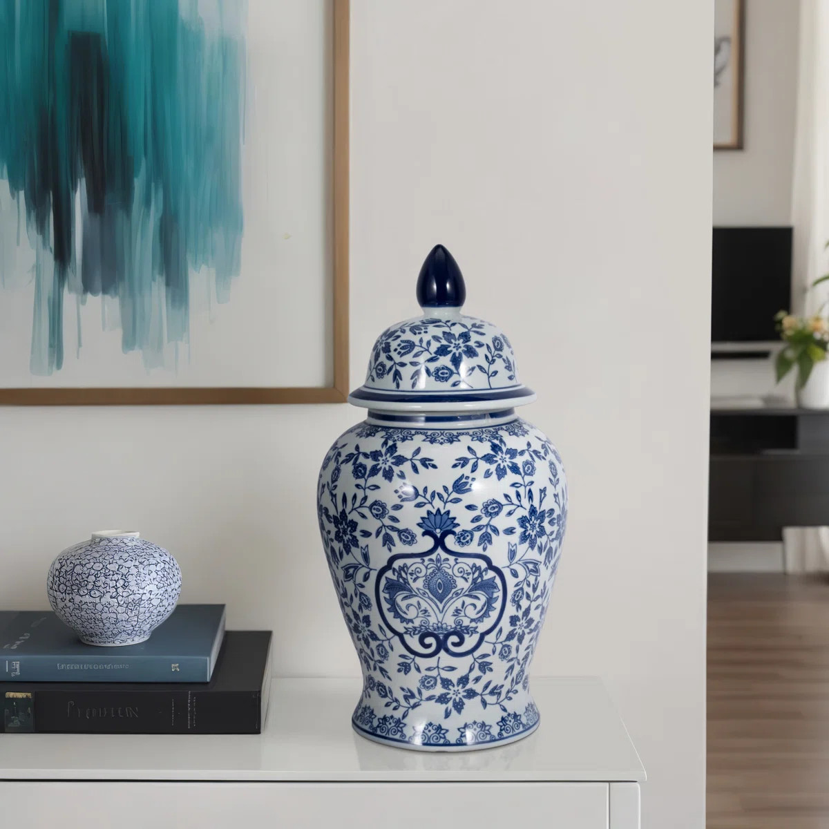 Jimerso Jar with Blue and White Floral Pattern and Removable Lid | Wayfair North America