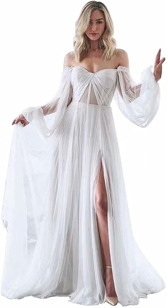 Tulle Ball Gowns for Women Formal Prom Dress with Split Puffy Sleeve Wedding Dress for Bride | Amazon (US)