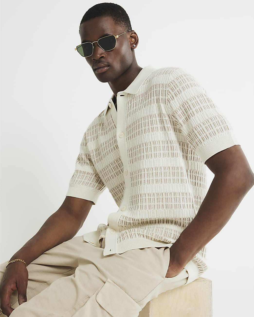 Cream Slim Fit Knitted Stripe Shirt | River Island UK & IE