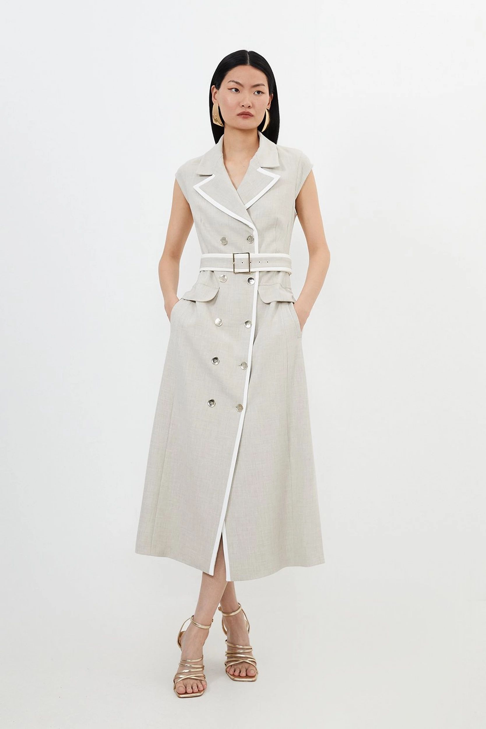 Melange Double Breasted Belted Tipped Tailored Midi Dress | Karen Millen UK + IE + DE + NL