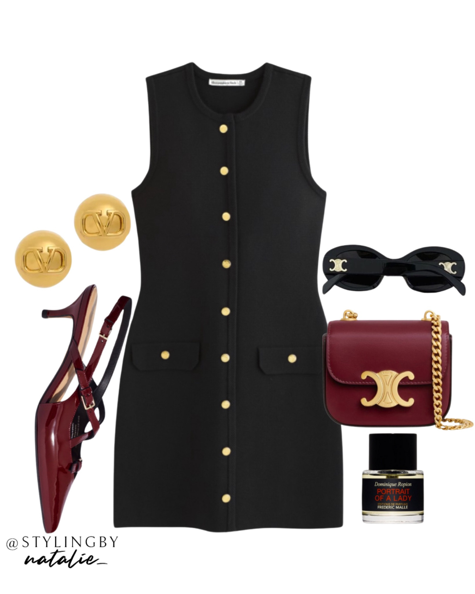 Black sleeveless dress with gold button detail, burgundy celine bag, burgundy pointed kitten heel slingbacks, celine sunglasses and gold stud earrings. 
🏷️ Classy dress, casual chic, old money style, work outfit, work dress, office chic, burgundy accessories, fall dress, autumn dresses.

#LTKautumn #LTKworkwear #LTKstyletip