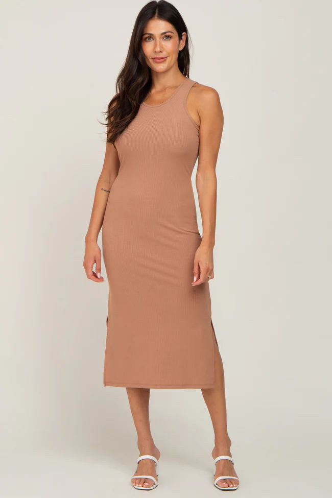 Mocha Ribbed Side Slit Midi Dress | PinkBlush Maternity