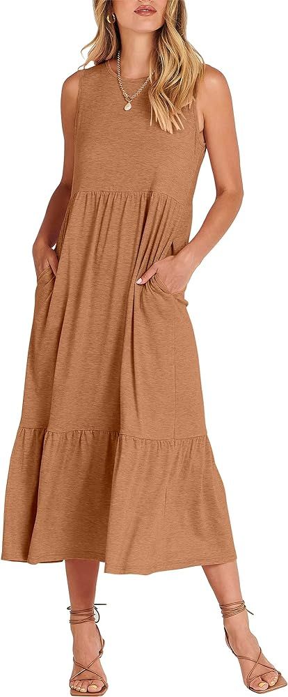 ANRABESS Women's Summer Casual Sleeveless Crewneck Swing Sundress Fit & Flare Flowy Tiered Maxi D... | Amazon (US)