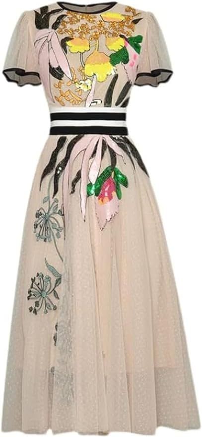 Summer Women Party Streetwear Embroidery Patchwork Lace Vintage Elegant Midi Dress | Amazon (US)