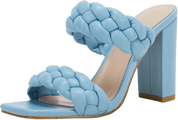 Women's Braided Heeled Sandals Square Open Toe Backless Block Heel Strappy Casual Sandals | Amazon (US)