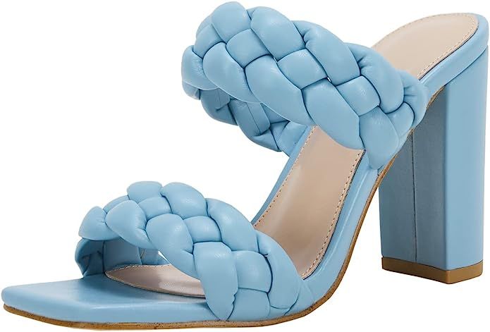 Women's Braided Heeled Sandals Square Open Toe Backless Block Heel Strappy Casual Sandals | Amazon (US)