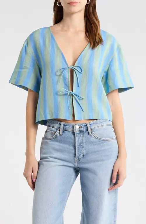 STAUD Ava Stripe Tie Front Linen Top in Seaport at Nordstrom, Size Small | Nordstrom