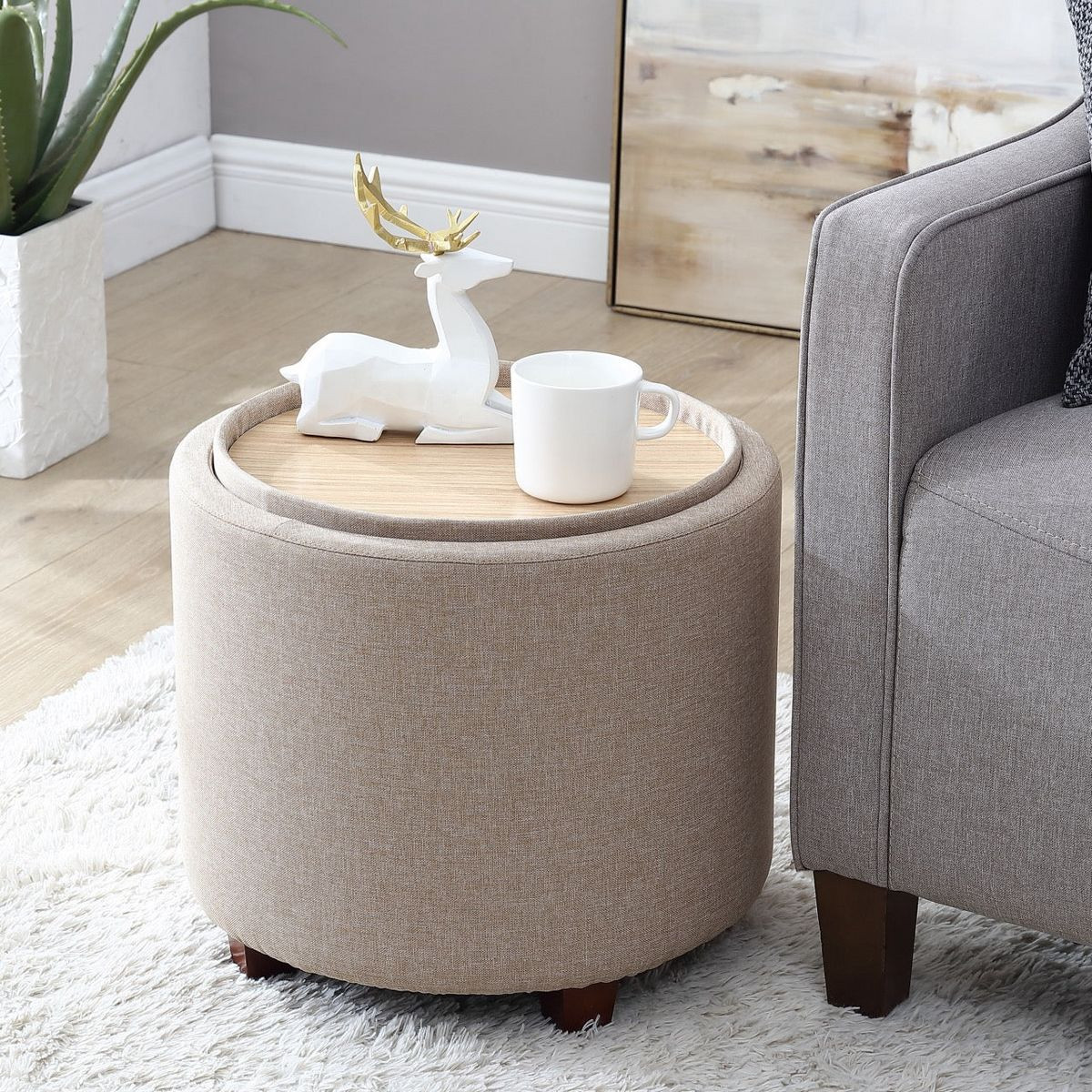 Ornavo Home Lawrence Round Storage Ottoman with Table Top Lid - Linen Beige | Target