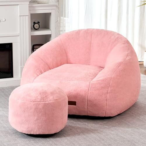 HABUTWAY Bean Bag Chair, Giant Bean Bag Chairs for Adults with Ottoman, Comfy Faux Fur Shell-Shaped Bean Bag Couch, Sofa Chair for Living Room, Bedroom, Pink | Amazon (US)