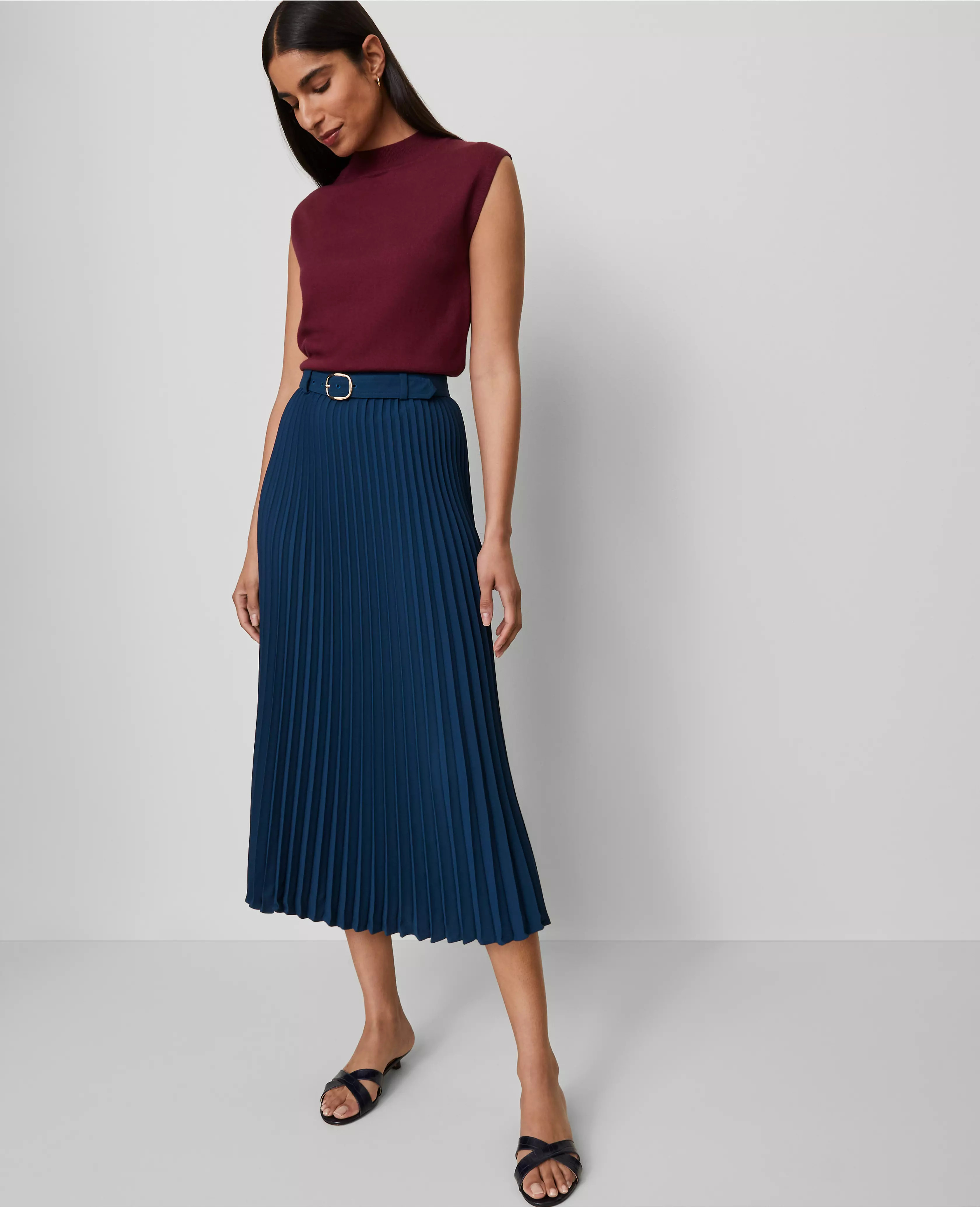 Belted Pleated Midi Skirt | Ann Taylor
