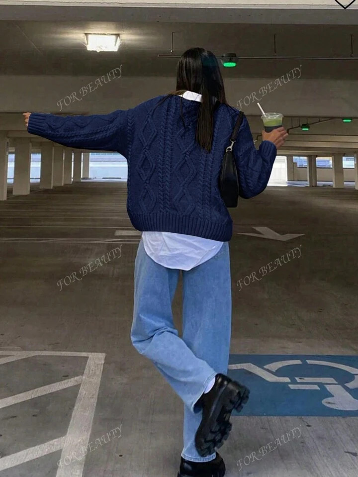 Late Autumn Winter New Women's Solid Round Neck Fried Dough Twists Long Sleeve Knit Shirt Loose S... | SHEIN