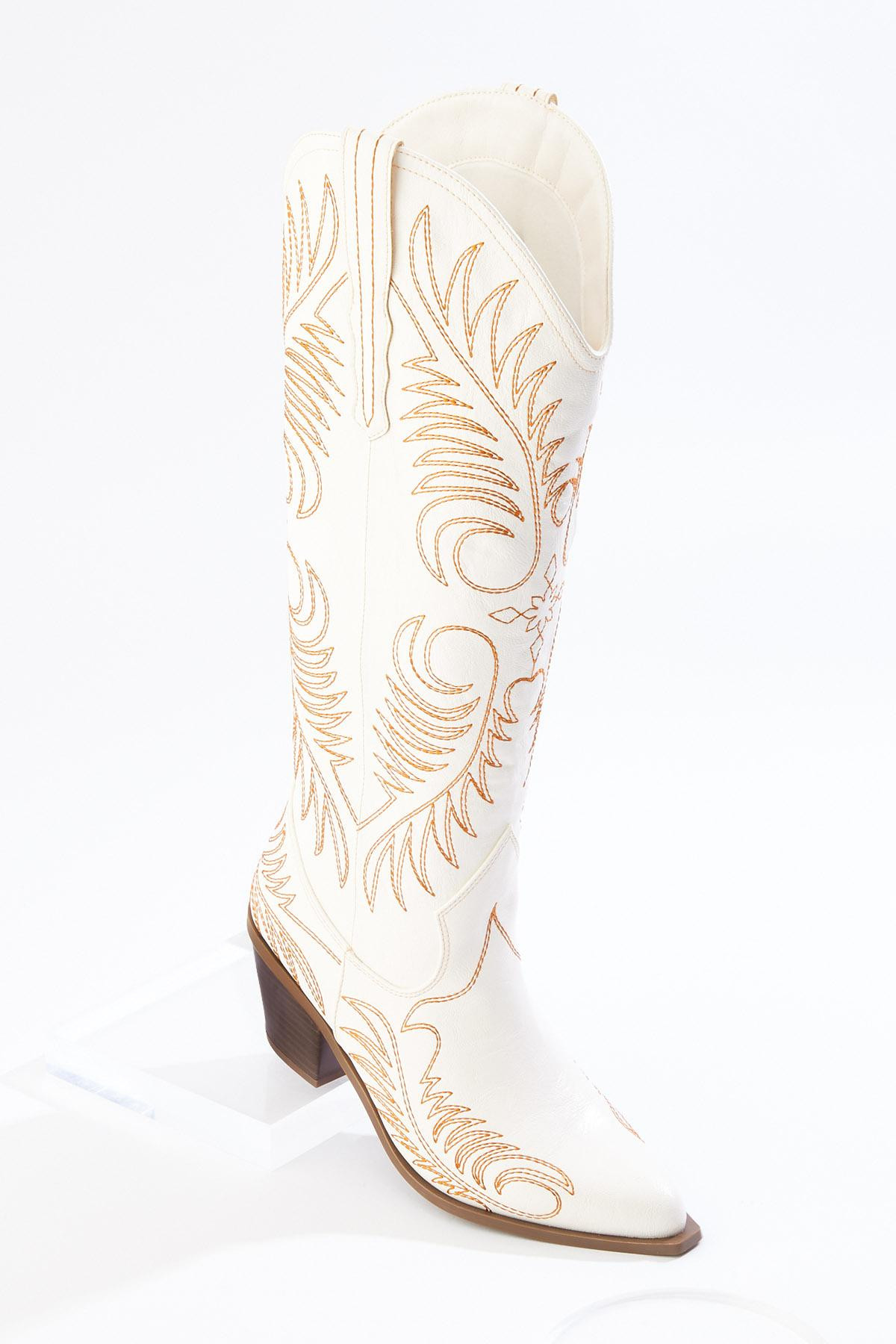 Wide Width Contrast Stitch Tall White Western Boots | Cato Fashions