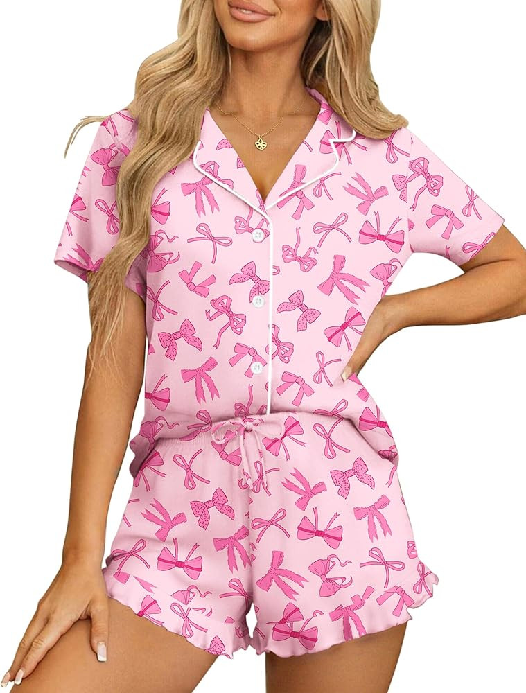 Ekouaer Womens Pajama Sets Button Down Short Sleeve Top and Shorts Cute Pjs Sets Sleepwear | Amazon (US)