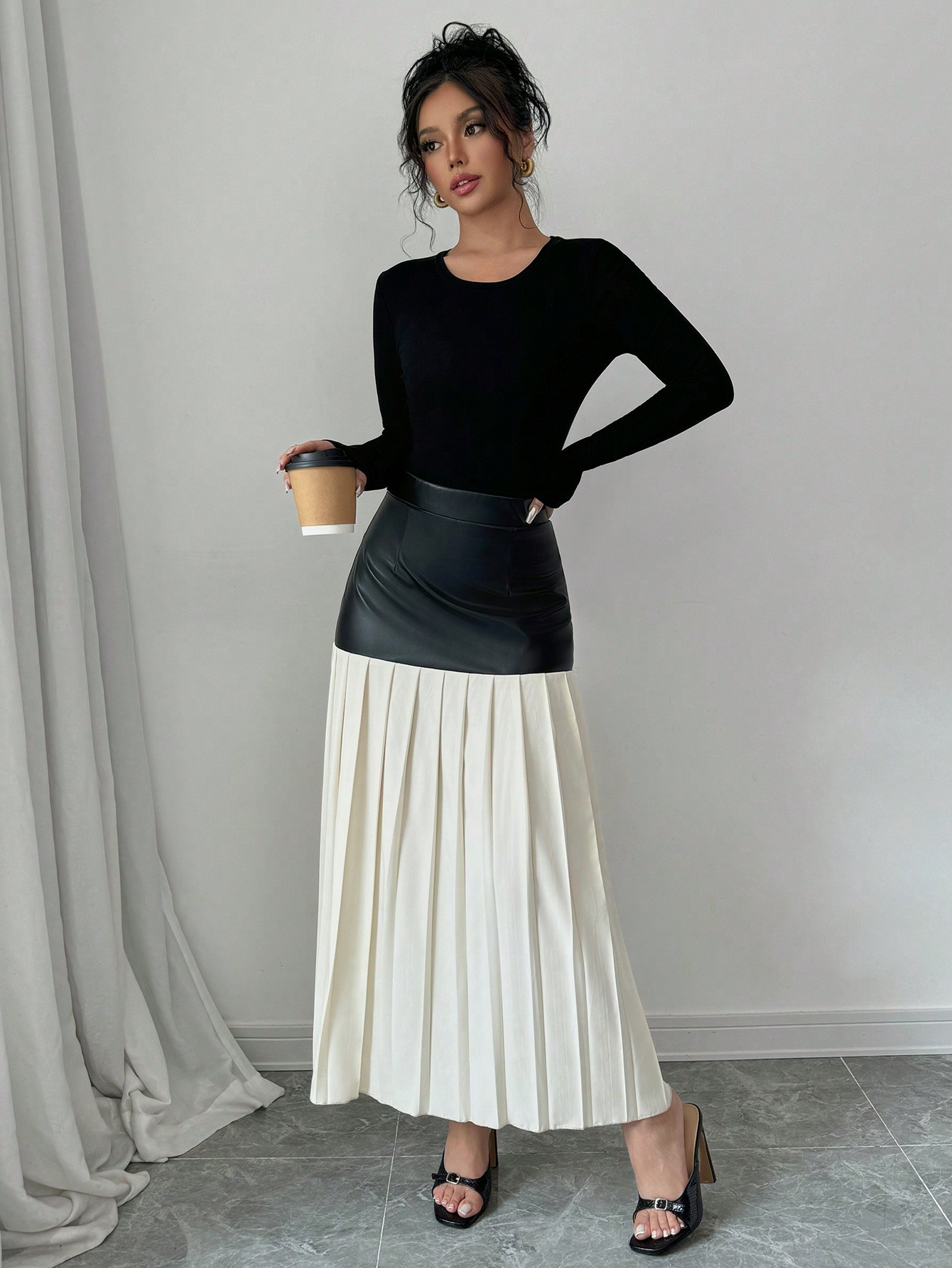 SHEIN Raffinéa Women's Autumn & Winter PU Patchwork Color-Blocking Pleated Maxi Skirt | SHEIN