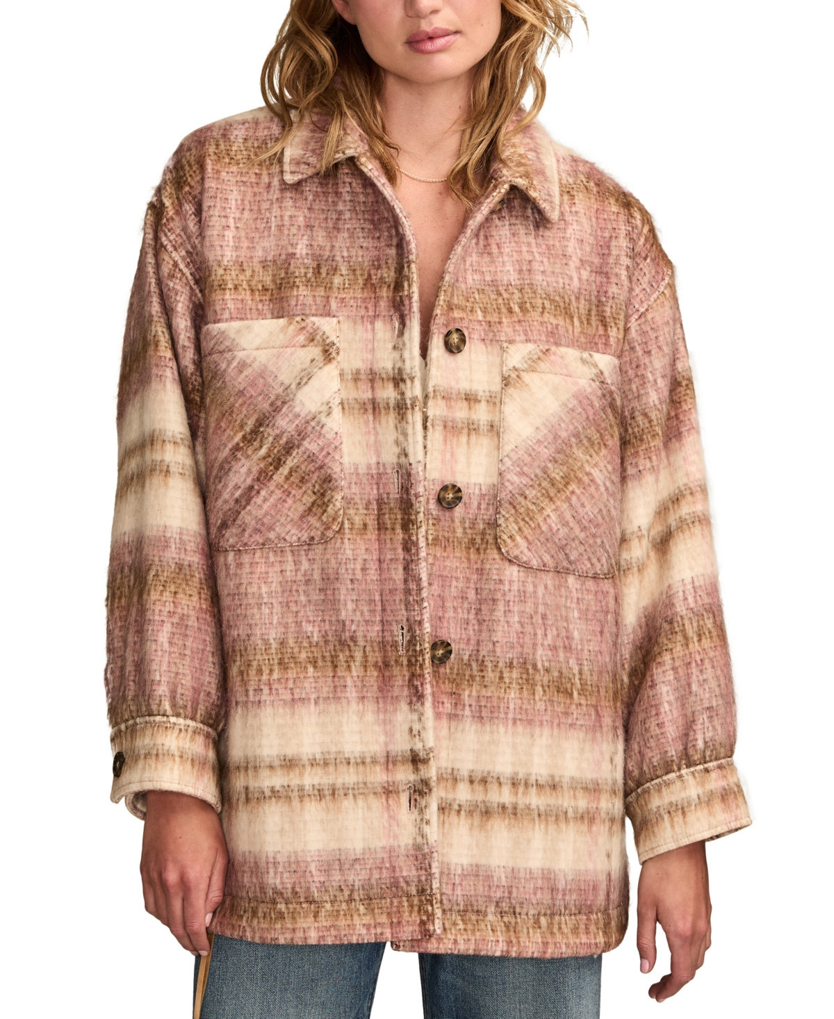 Lucky Brand Women's Oversized Plaid Shirt Jacket - Pink Plaid | Macy's
