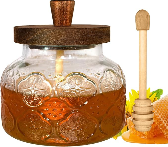 Large Honey Jar (34OZ) with Wooden Lid and Honey Dipper - Embossed Floral Glass Pot, Thick & Wide... | Amazon (US)