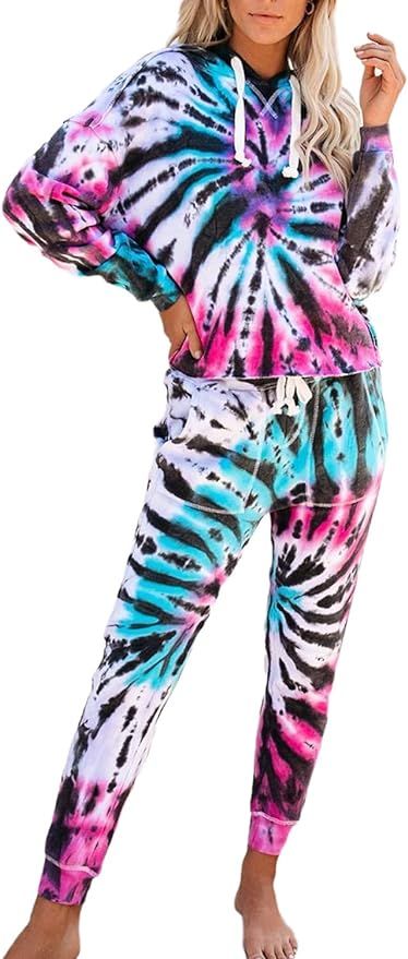 Yanekop Womens Tie Dye Printed Loungewear Hoodie Joggers 2 Piece Pajama Set Sleepwear | Amazon (US)