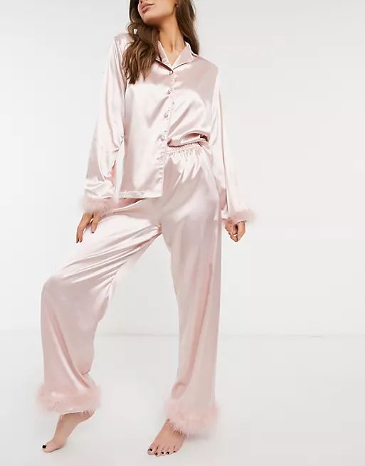 Night satin feather trim shirt and pant pajama set in pink | ASOS (Global)