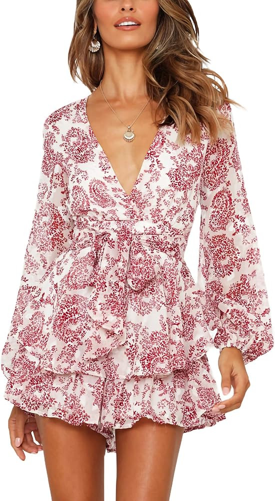 Relipop Women's Jumpsuit Floral Print V Neck Baggy Sleeve Waist Tie Double Layer Ruffle Hem Short... | Amazon (US)