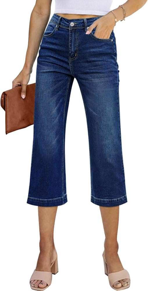 Sidefeel Women's Wide Leg Jeans High Waisted Stretchy Capri Pants | Amazon (US)