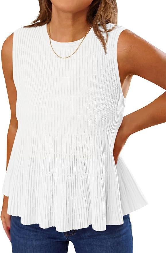 Saodimallsu Womens Peplum Ribbed Tank Tops Cute Sleeveless Knit Ruffle Crew Neck 2026 Summer Swea... | Amazon (US)