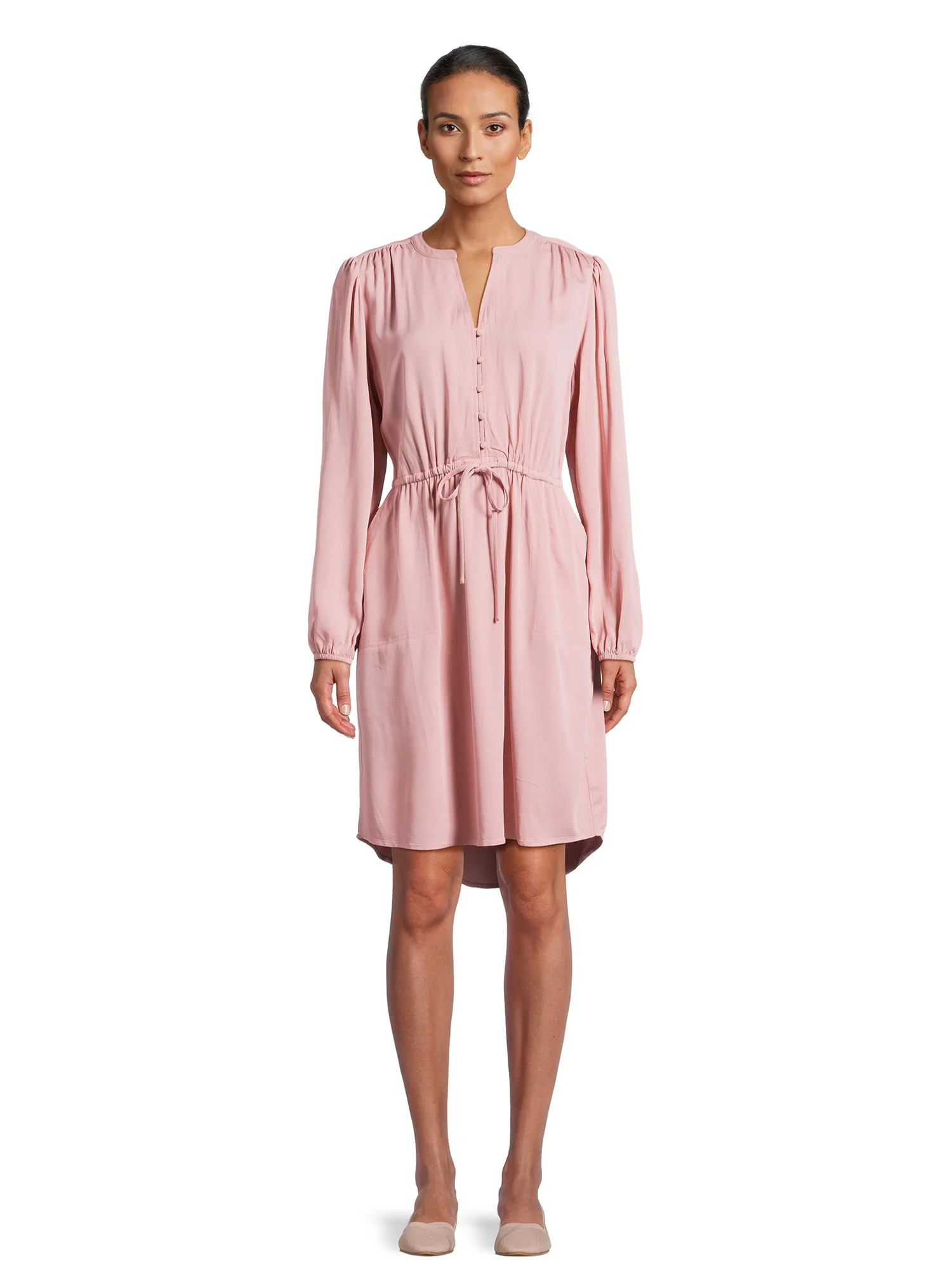 Time and Tru Women's Button Front Drawstring Waist Dress with Long Sleeves, Sizes XS-3XL | Walmart (US)