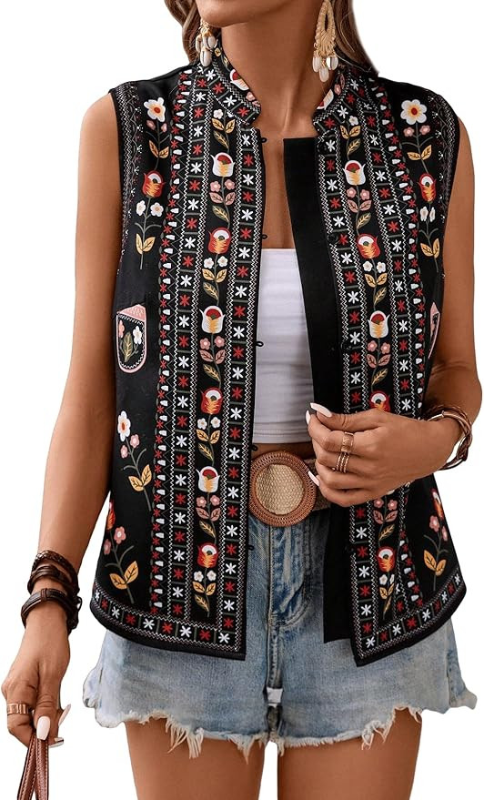 GORGLITTER Women's Floral Vintage Embroidered Vest Zip Up Button Front Stand Collared Sleeveless ... | Amazon (US)