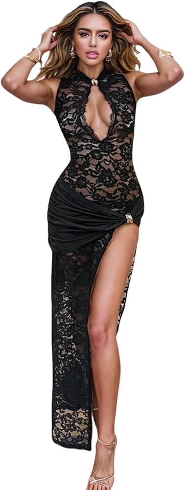 JUMISEE Women\u2019s Sexy High Slit See Through Lace Maxi Dress Sleeveless Hollow Out Bodycon Coc... | Amazon (US)