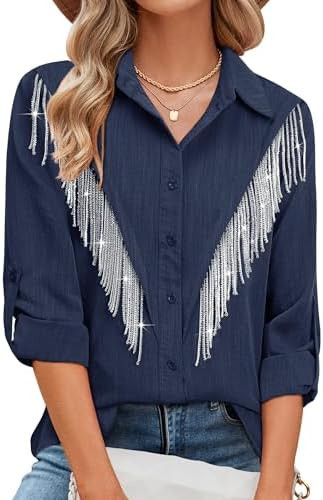 MYMORE Womens Sparkly Fringe Button Down Shirt Rolled 3/4 Sleeve Top Country Concert Nashville We... | Amazon (US)
