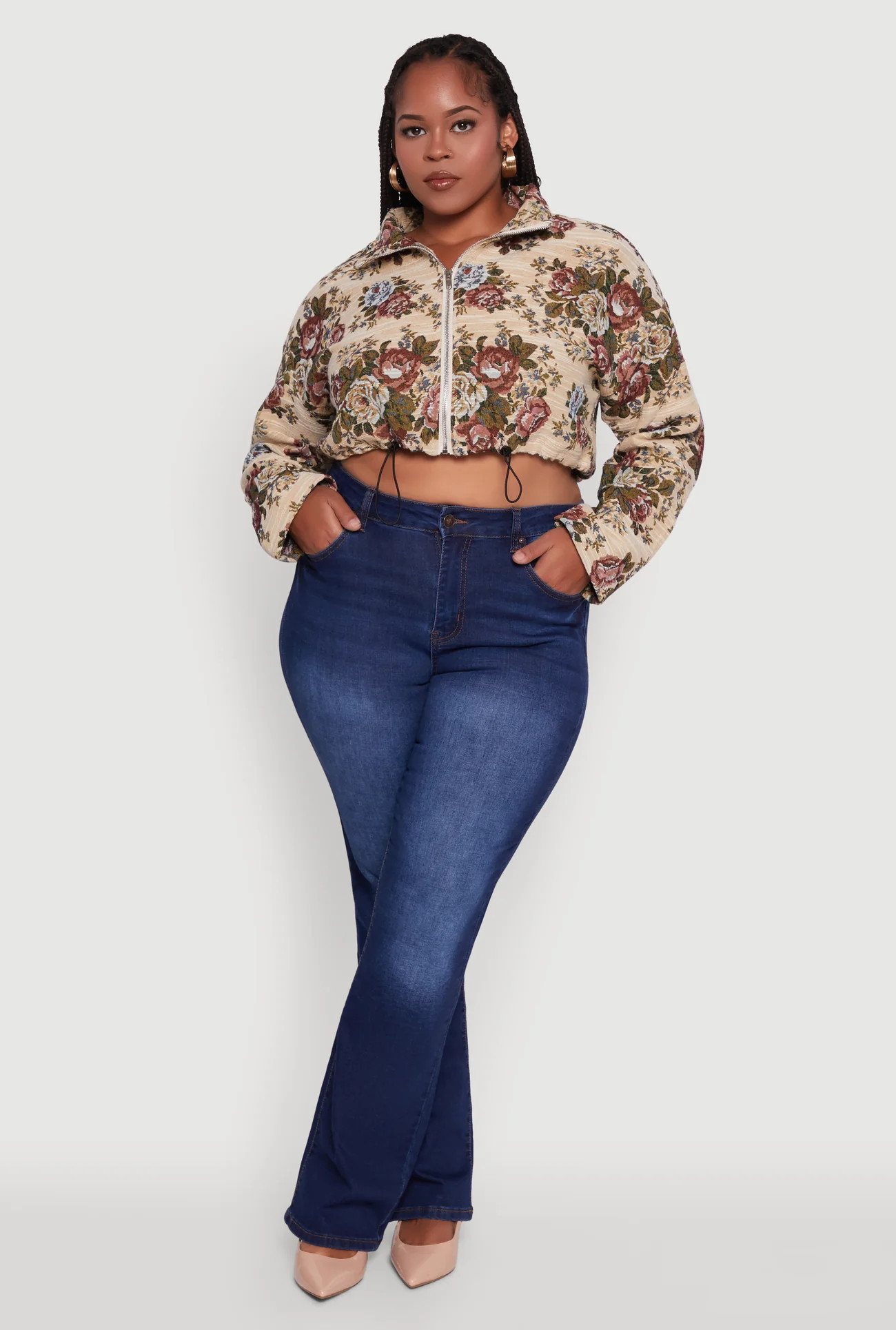 Plus Size Daisy Patterned Jacquard Cropped Jacket | Rainbow Shops