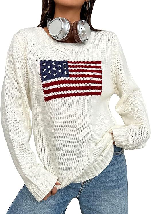 GORGLITTER Women's American Flag Graphic Long Sleeve Sweater Knit Round Neck Pullover Top | Amazon (US)