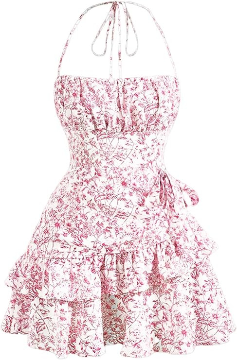 Floerns Women's Floral Print Sleeveless Halter Tie Back Layered Hem Cami Mini Dress | Amazon (US)