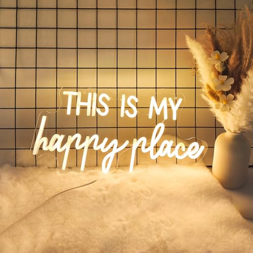 Neon Lights for Wall Decor - This Is My Happy Place Neon Signs for Teen Girls Bedroom Decor, Led Sign for Wall Decor, Nightstand Light, Dimmable Switch USB Power, Adhesive Hook Included | Amazon (US)