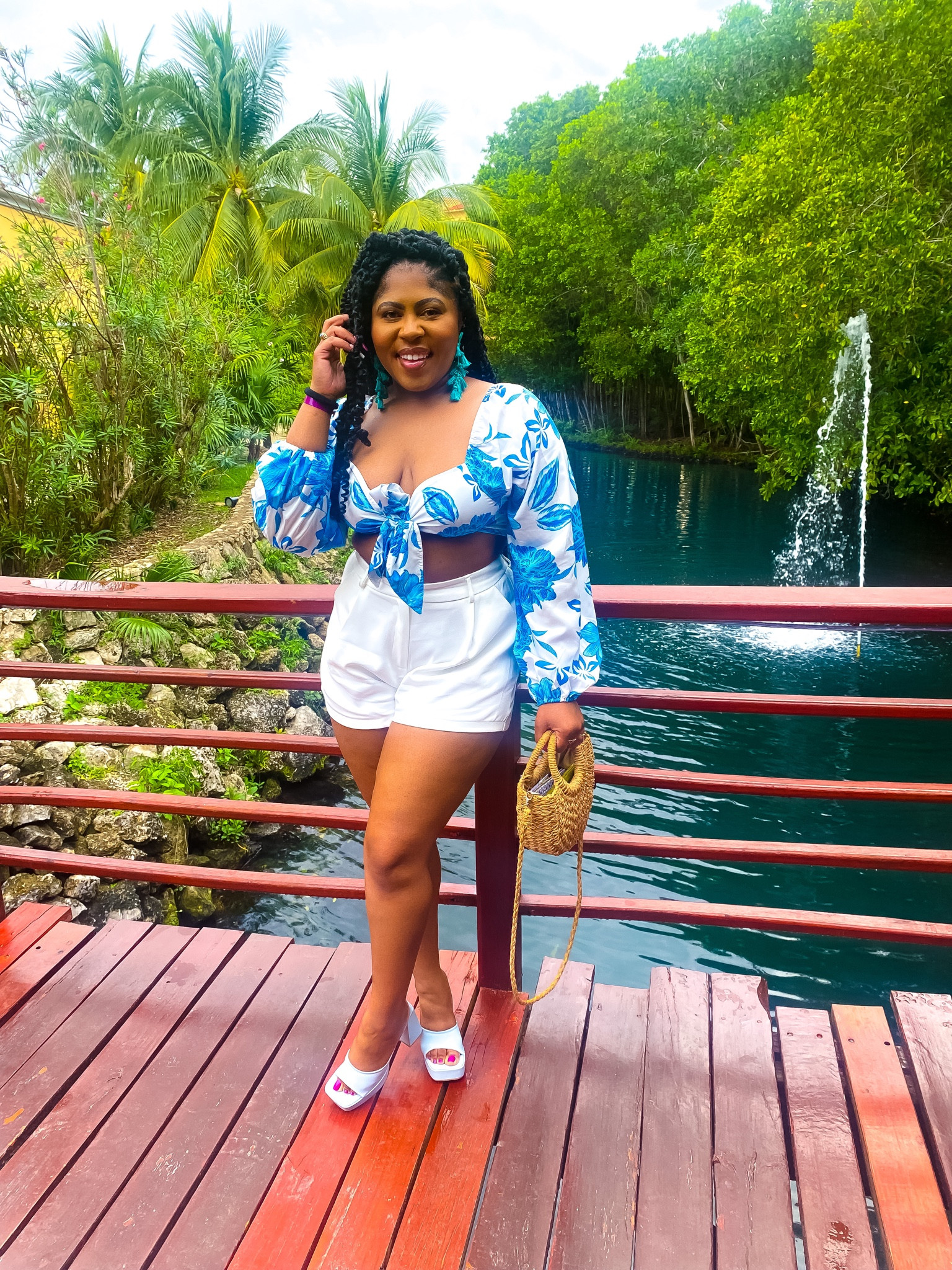 Vacation outfit. Platform heels under $35. Statement earrings. Woven purse. Rattan bag. Affordable fashion. 

Wearing size large in both. Heels true to size. 

#LTKstyletip #LTKtravel #LTKshoecrush